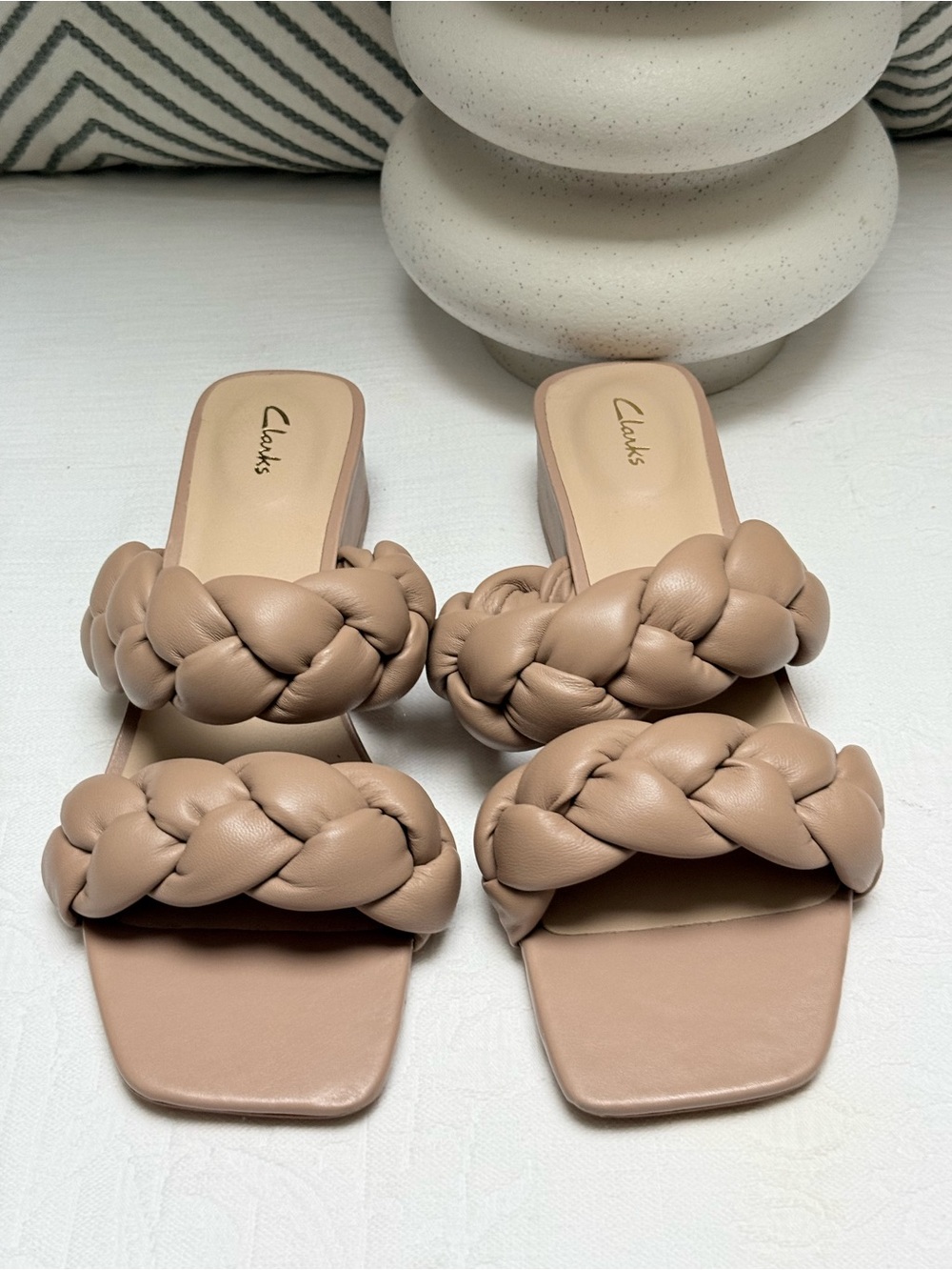 Clarks Women's Braided Double-Strap Slide Sandal in Light Taupe